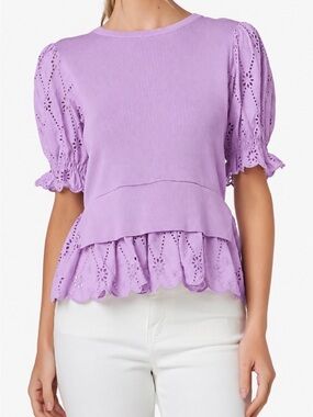 English Factory Lavender Eyelet Peplum Puff-Sleeve Top